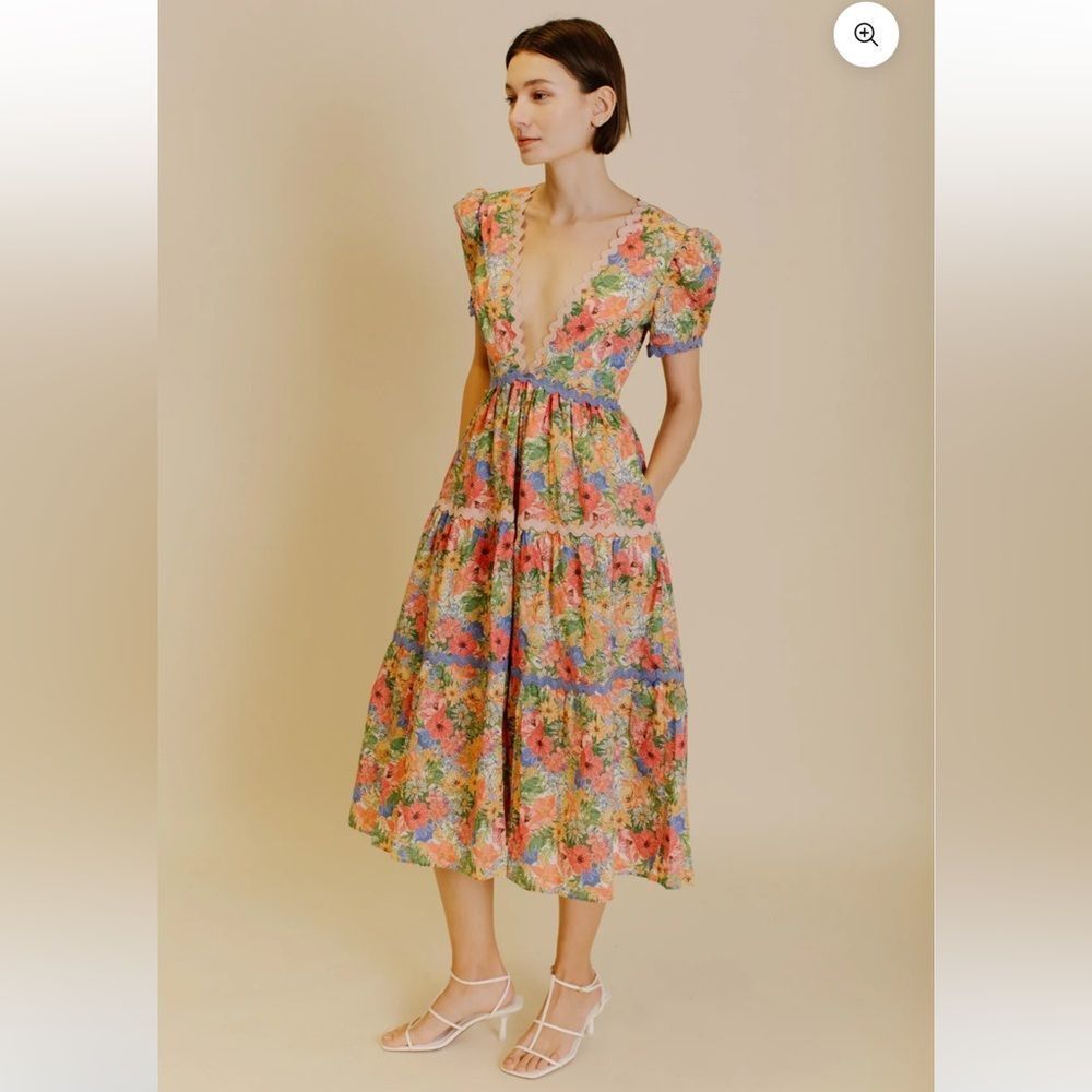 NEW Aureum Floral Print Cottage Core Rick Rack Trim Midi Dress, XS
